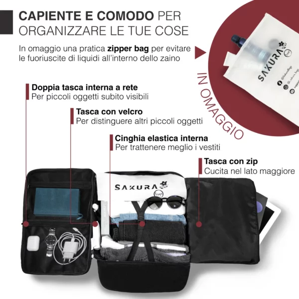 zaino valigia sakura capiente e piena di tasche funzionali