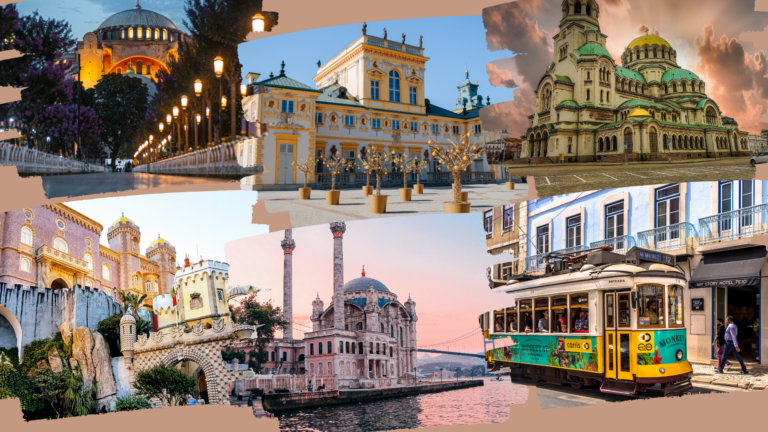 Collage monumenti attrazioni città europee destinazioni low cost da visitare